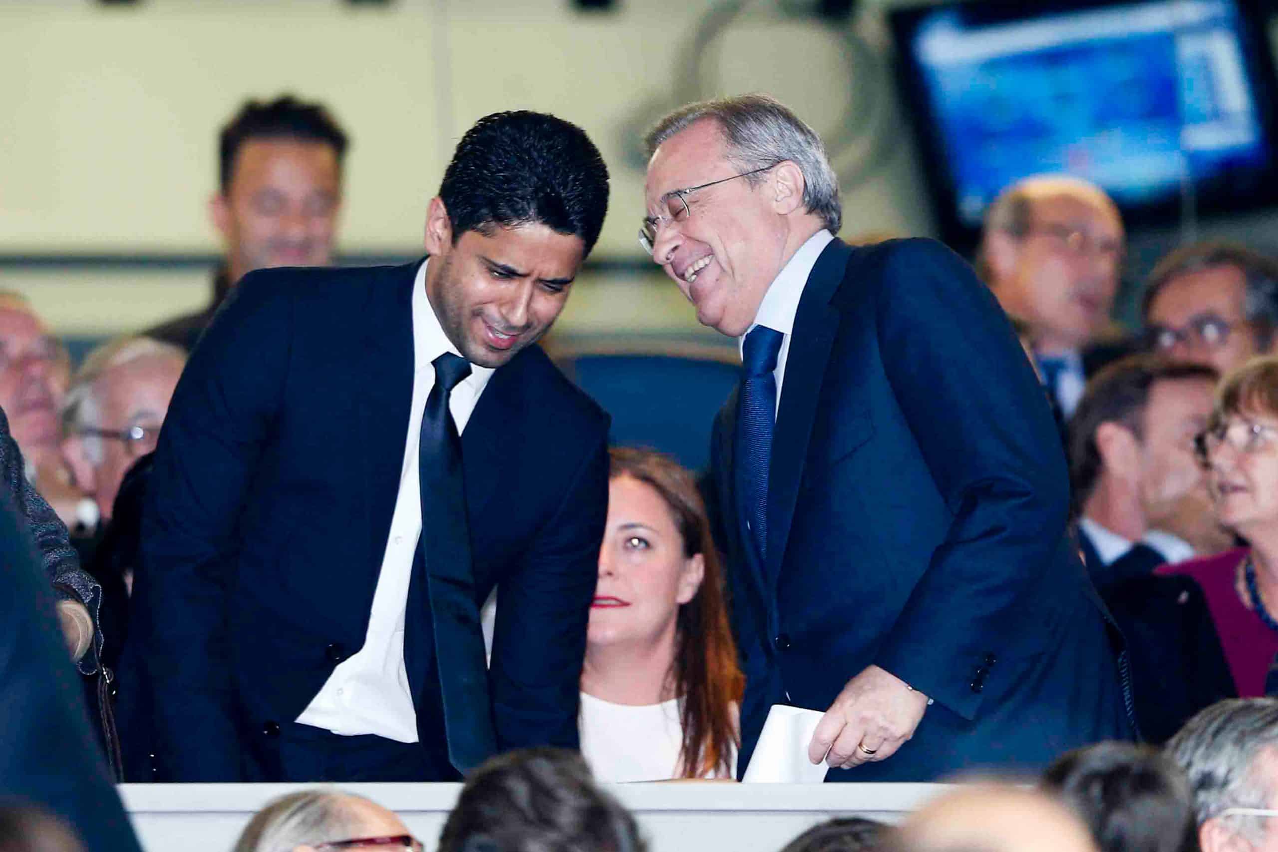Nasser al-Khelaïfi et Florentino Pérez lors d'un Real Madrid-PSG en 2015.